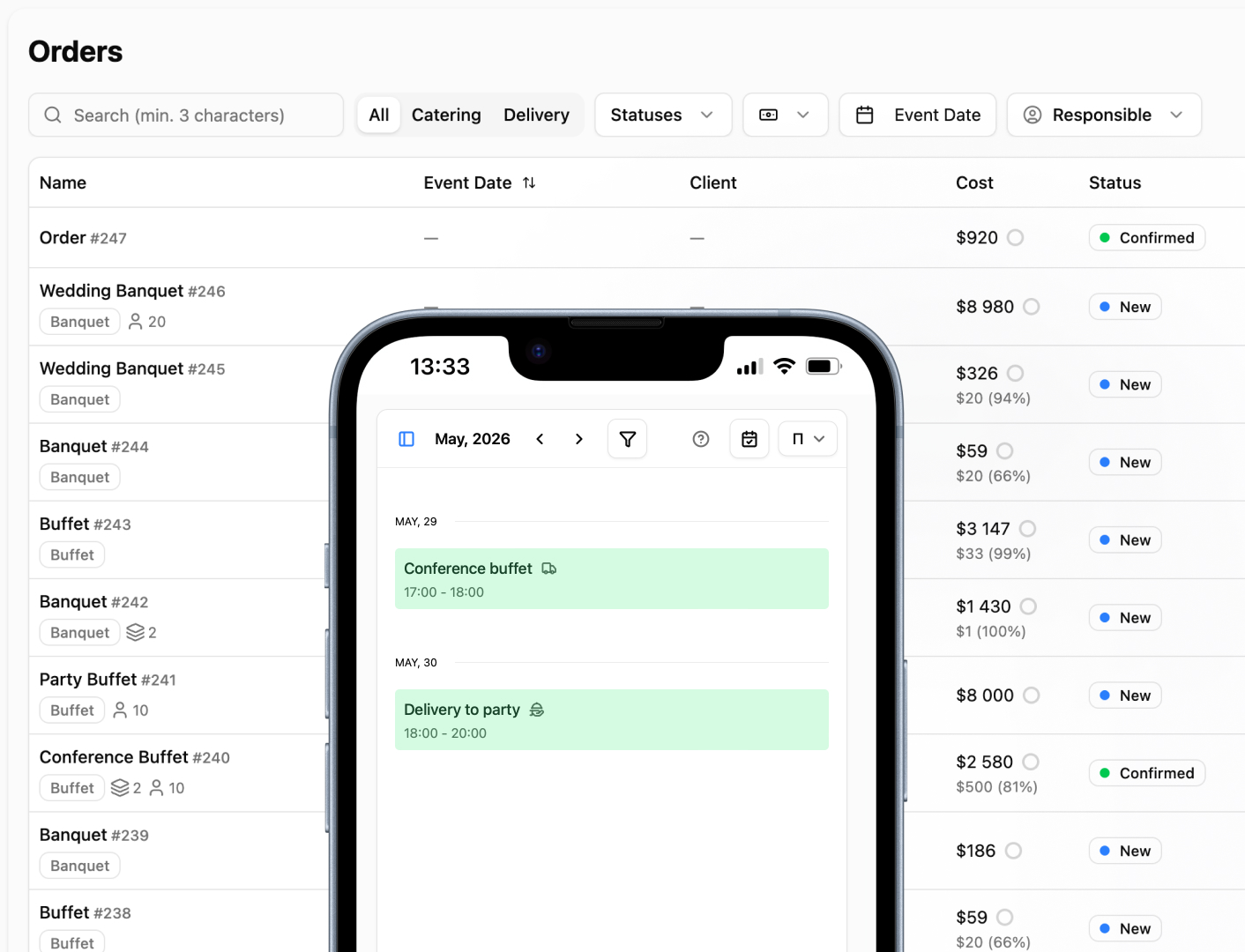 Orders in CRM and event calendar in Caiter mobile app