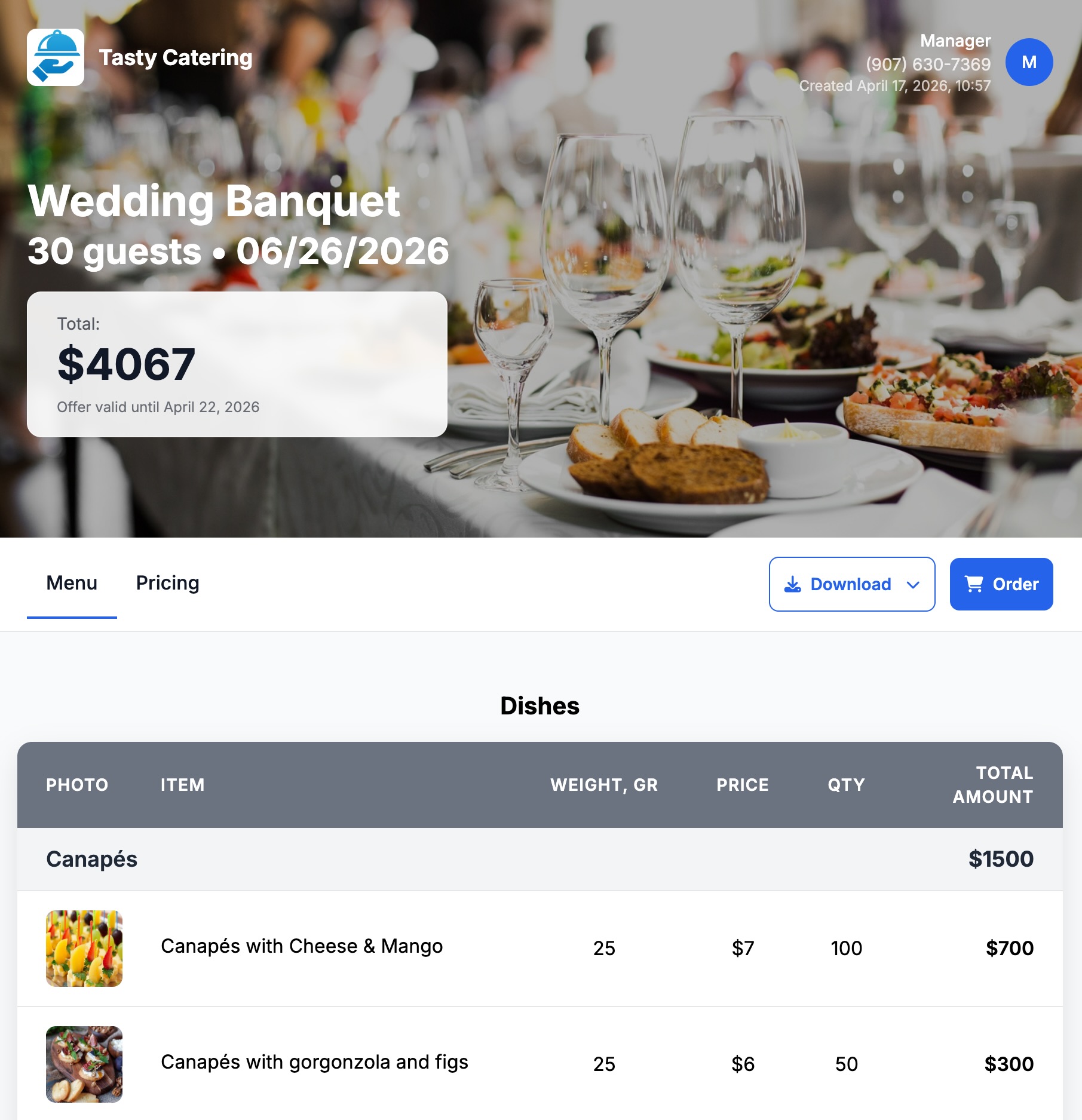 Professional catering proposal with menu photos and pricing in Caiter