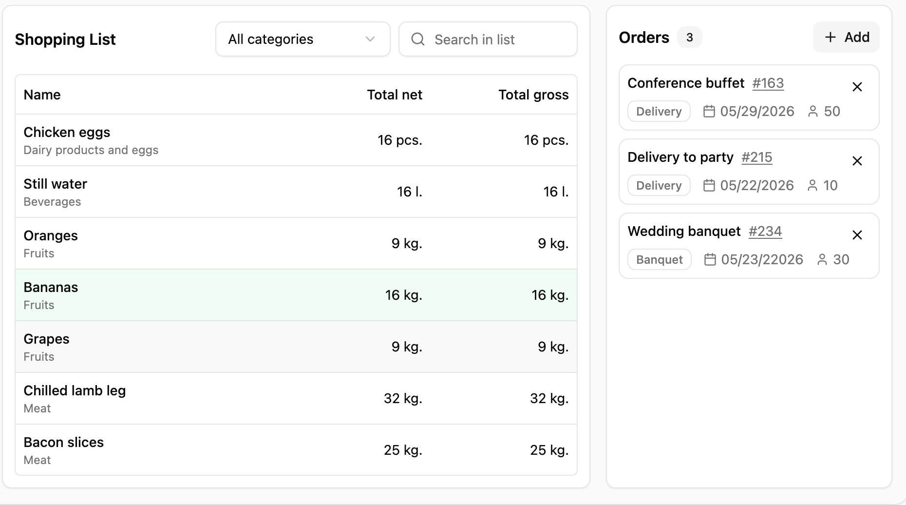 Purchase list in Caiter: ingredients, orders, and Excel export