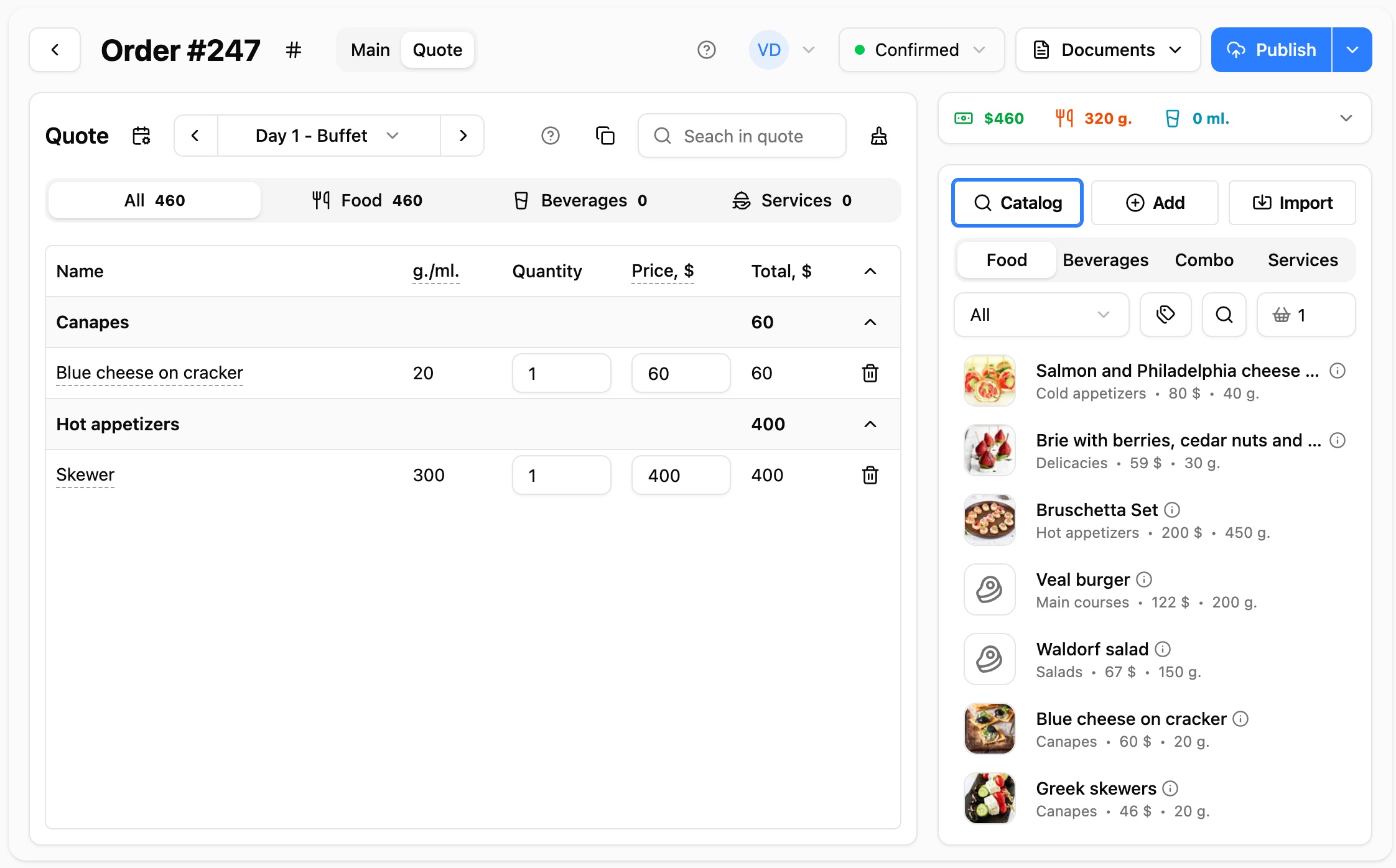 Fast catering quote editor with catalog and order totals in Caiter